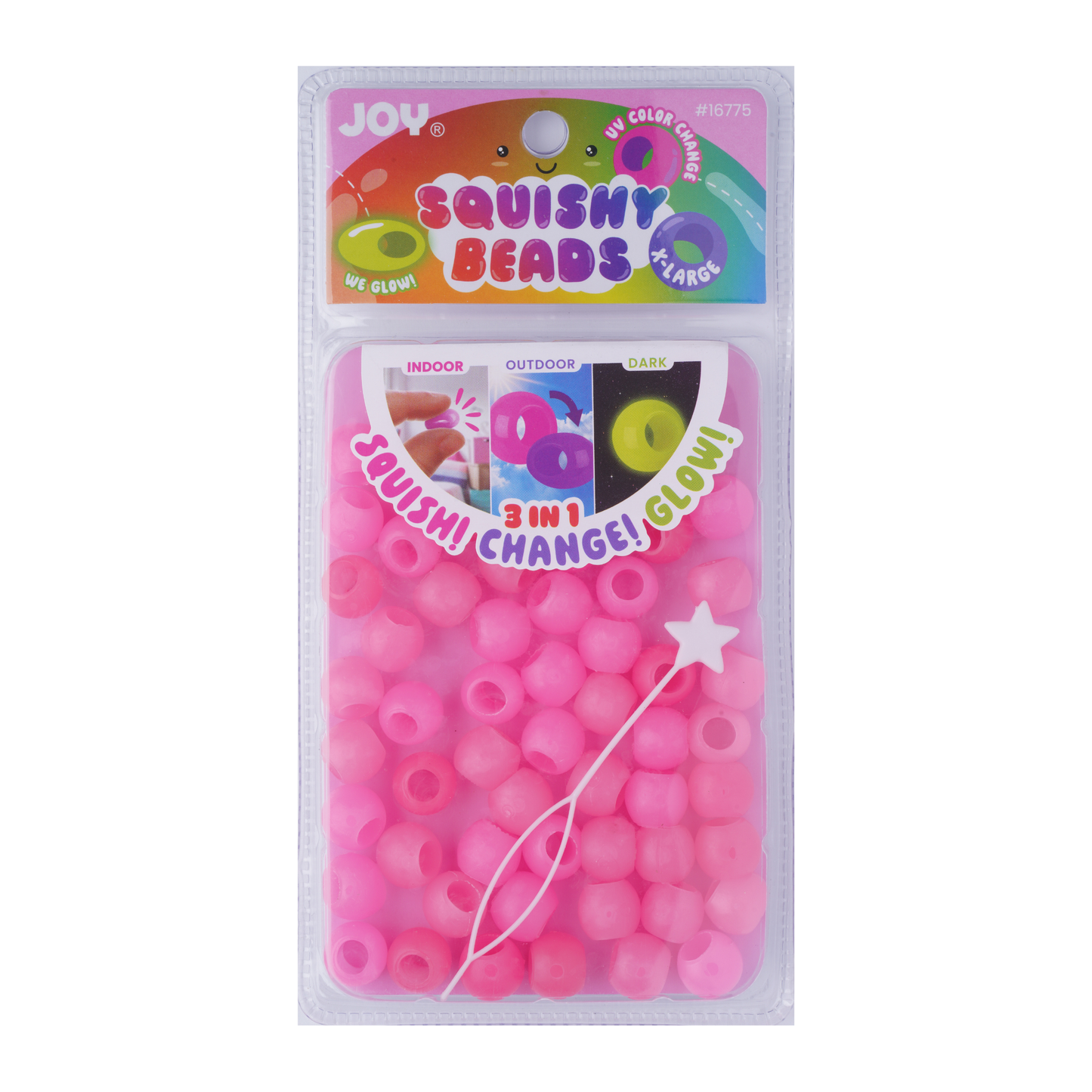 Package of Joy XL round squishy pink hair beads with UV glow-in-dark feature and threading tool for braids and twists.