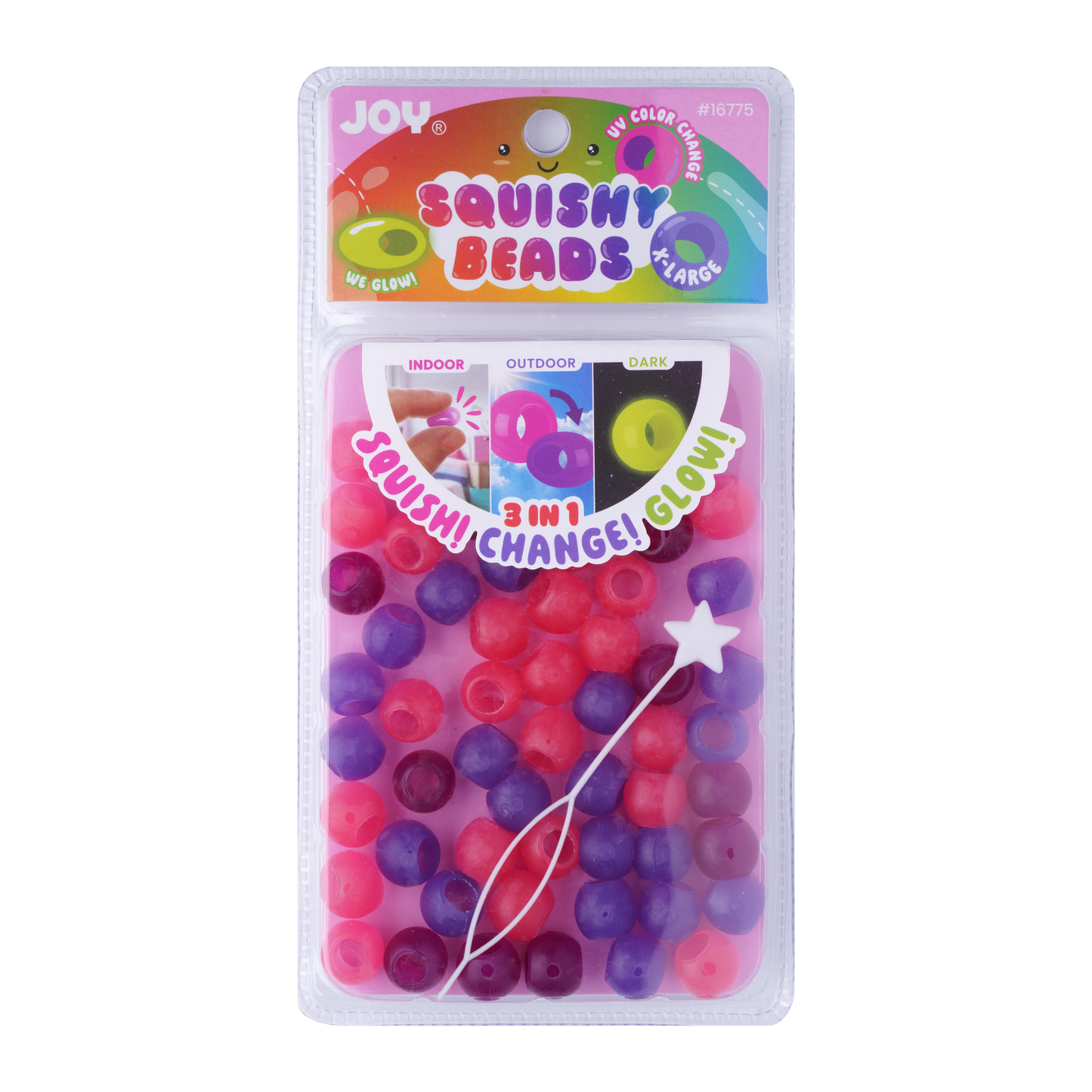 Joy XL Round Squishy Hair Beads pack with large pink and purple beads that glow in the dark and change color under UV light