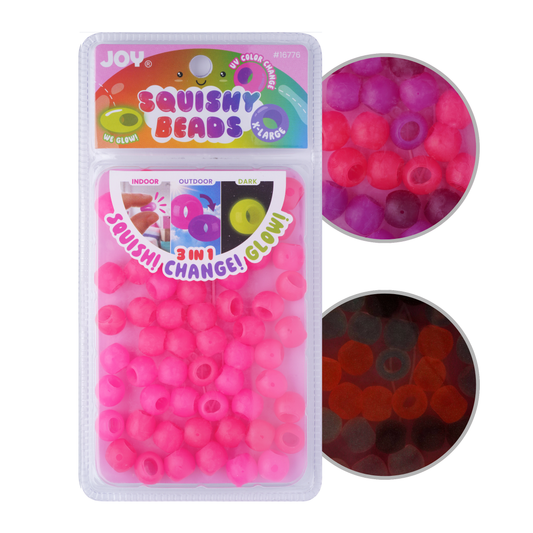 Large pack of Joy XL round squishy hot pink hair beads that glow in the dark and change color in UV light