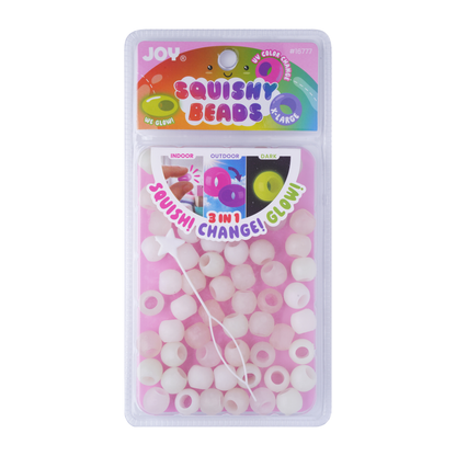 Package of Joy XL Round Squishy Hair Beads in white mix, large pack with UV glow-in-dark feature and threading tool included
