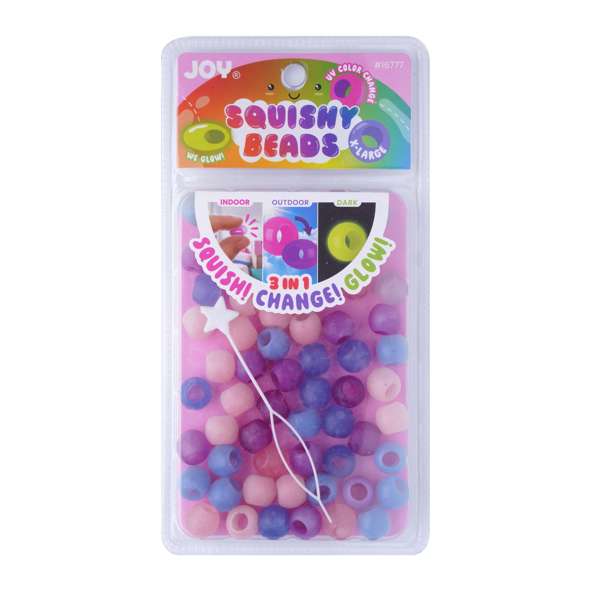 Packaging of Joy XL Round Squishy Hair Beads in purple, pink, and blue with a threading tool included