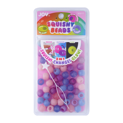 Packaging of Joy XL Round Squishy Hair Beads in purple, pink, and blue with a threading tool included