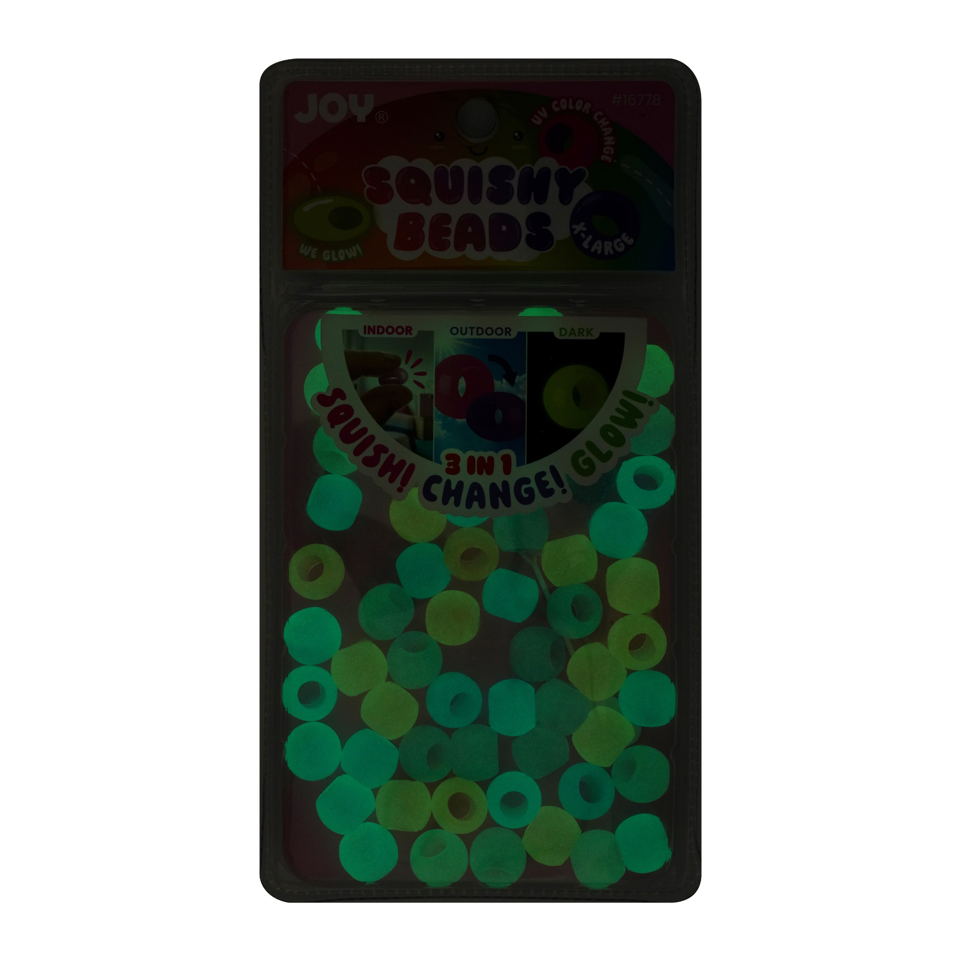 Joy XL Round Squishy Hair Beads glowing in the dark, large pack of clear, soft, lightweight braid accessories.