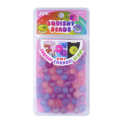 Package of Joy XL Round Squishy Hair Beads in purple and pink, UV glow-in-dark, large pack for braids and locs.