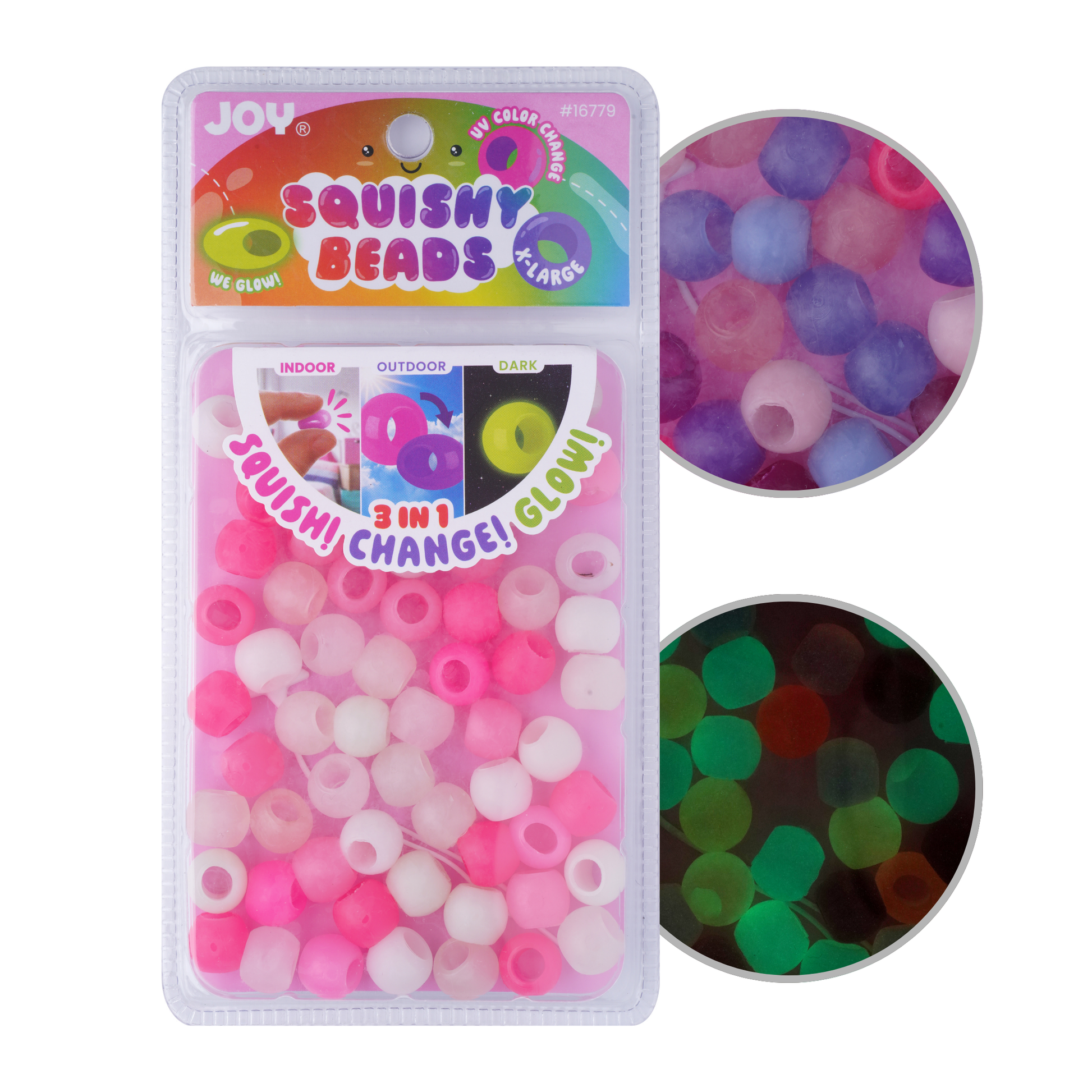 Pack of large, clear mix Joy XL round squishy hair beads that glow in the dark and change color under UV light.