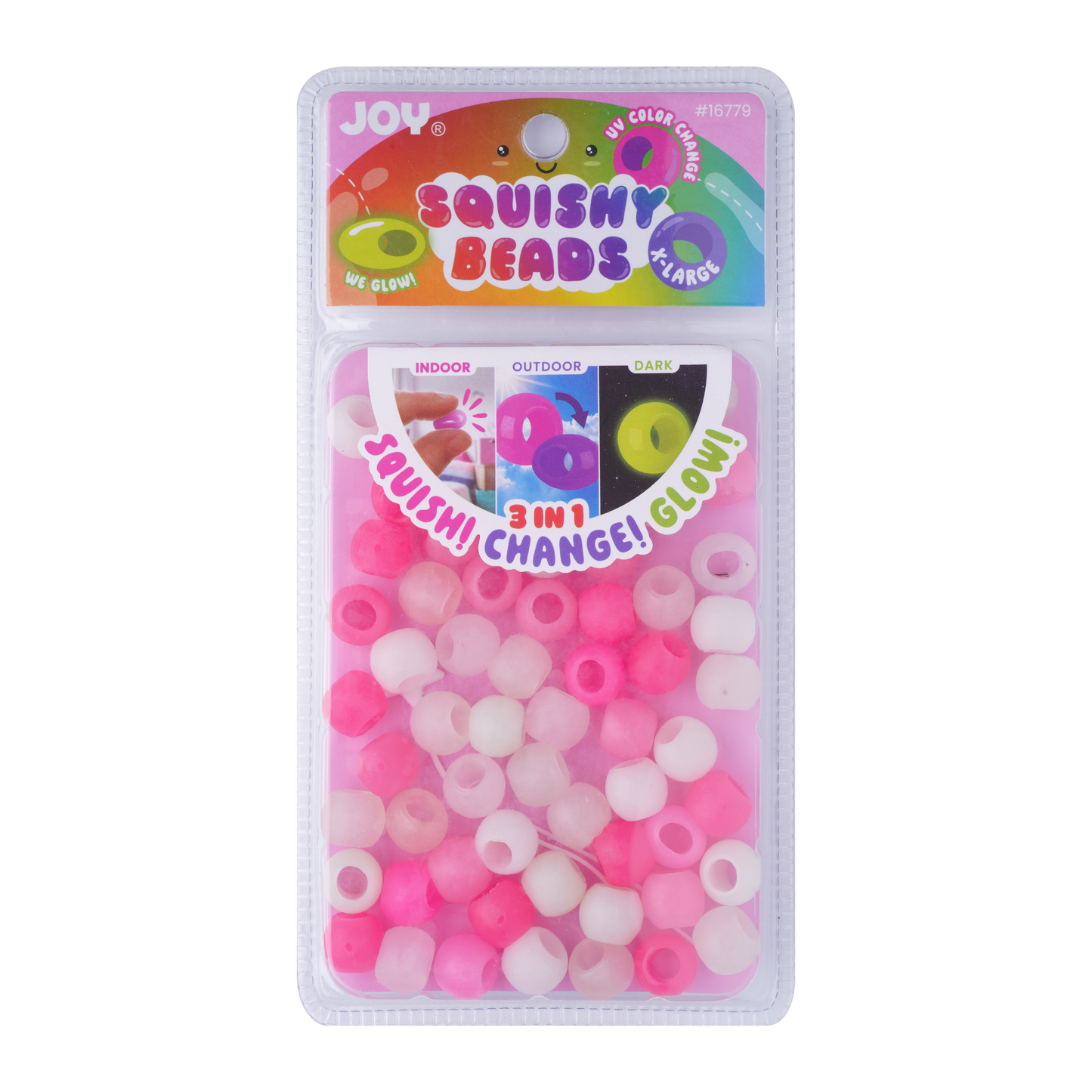 Joy XL round squishy hair beads pack in pink and white, glow in the dark and change color under UV light.