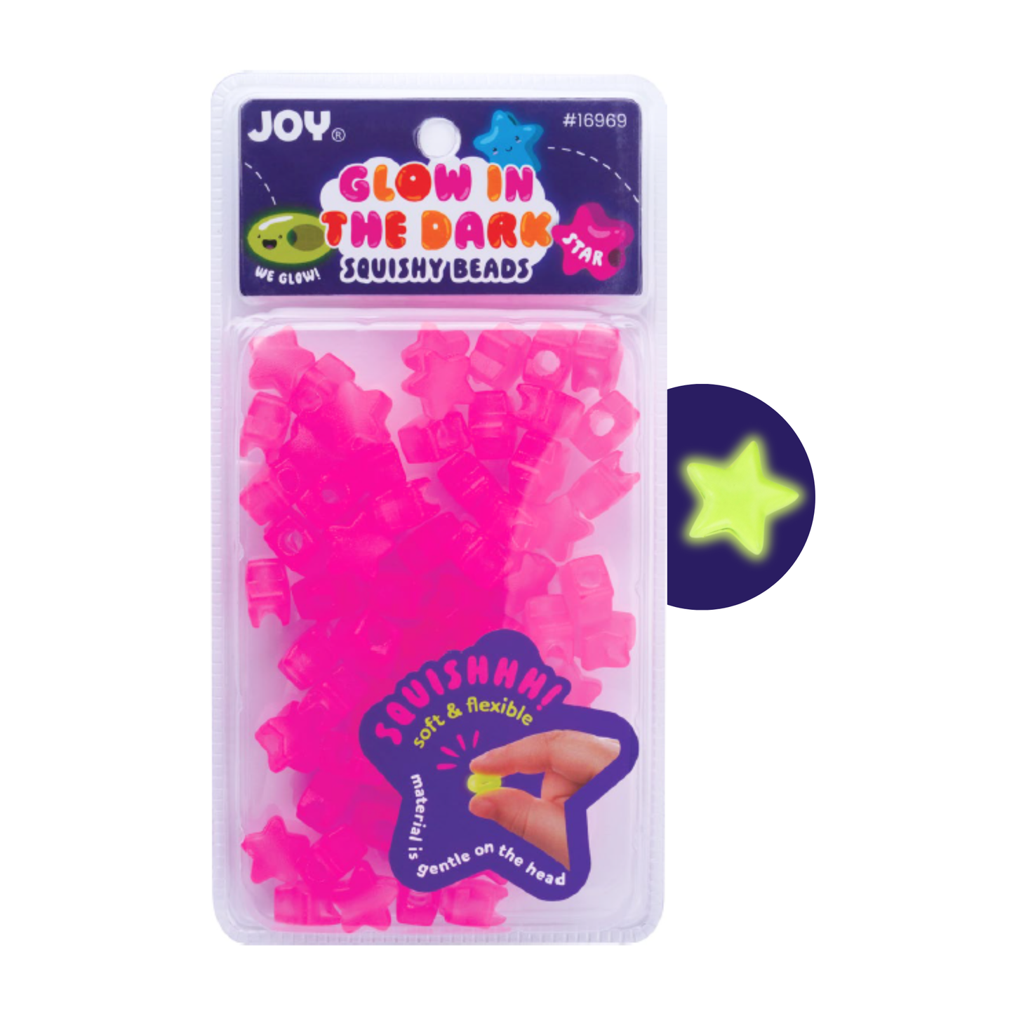 60-piece pack of large pink glow-in-the-dark star-shaped soft squishy beads for braids and loc hairstyles