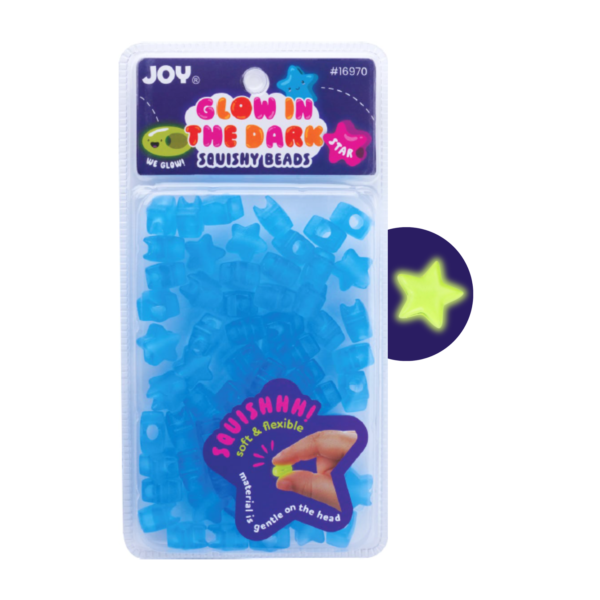 60-piece pack of large blue glow-in-the-dark star-shaped soft squishy beads for braids and locs hair styling