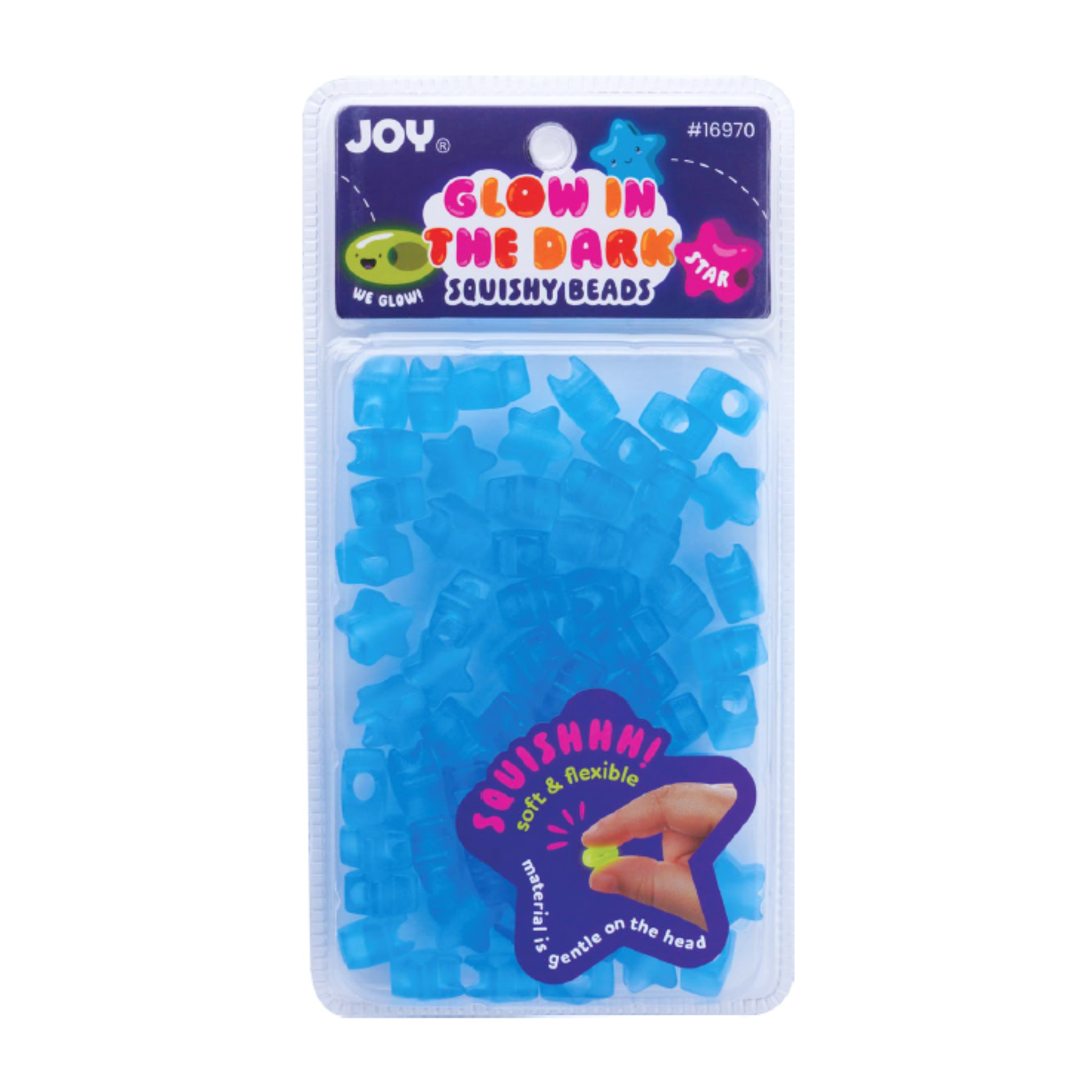 60-piece pack of large blue glow-in-the-dark star-shaped soft squishy beads for braids, locs, and protective hairstyles