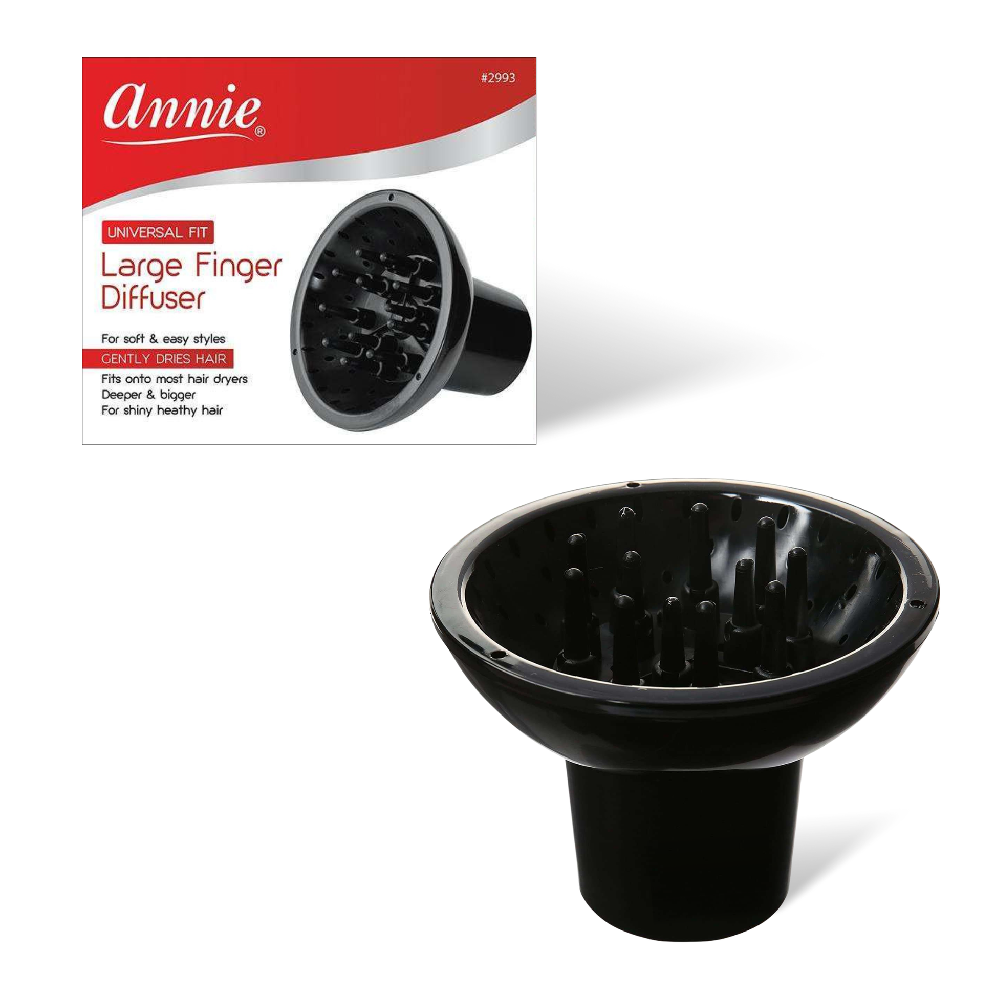Annie Large Finger Diffuser, 1 Piece Hair Dryer Attachment, Black designed for soft drying and styling with deep, finger-like prongs to enhance natural texture and reduce frizz.