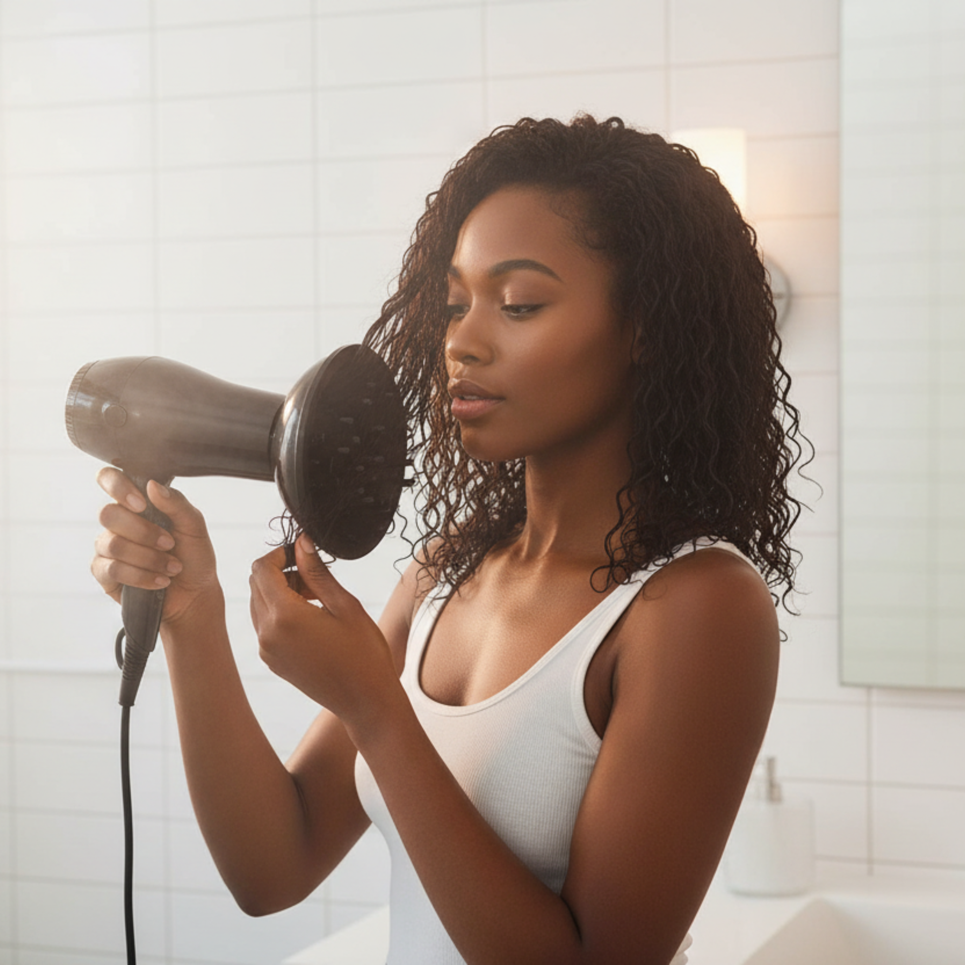 A woman in a white tank top attaching the Annie Large Finger Diffuser, 1 Piece Hair Dryer Attachment, Black to a hair dryer for gentle drying of curly natural hair.
