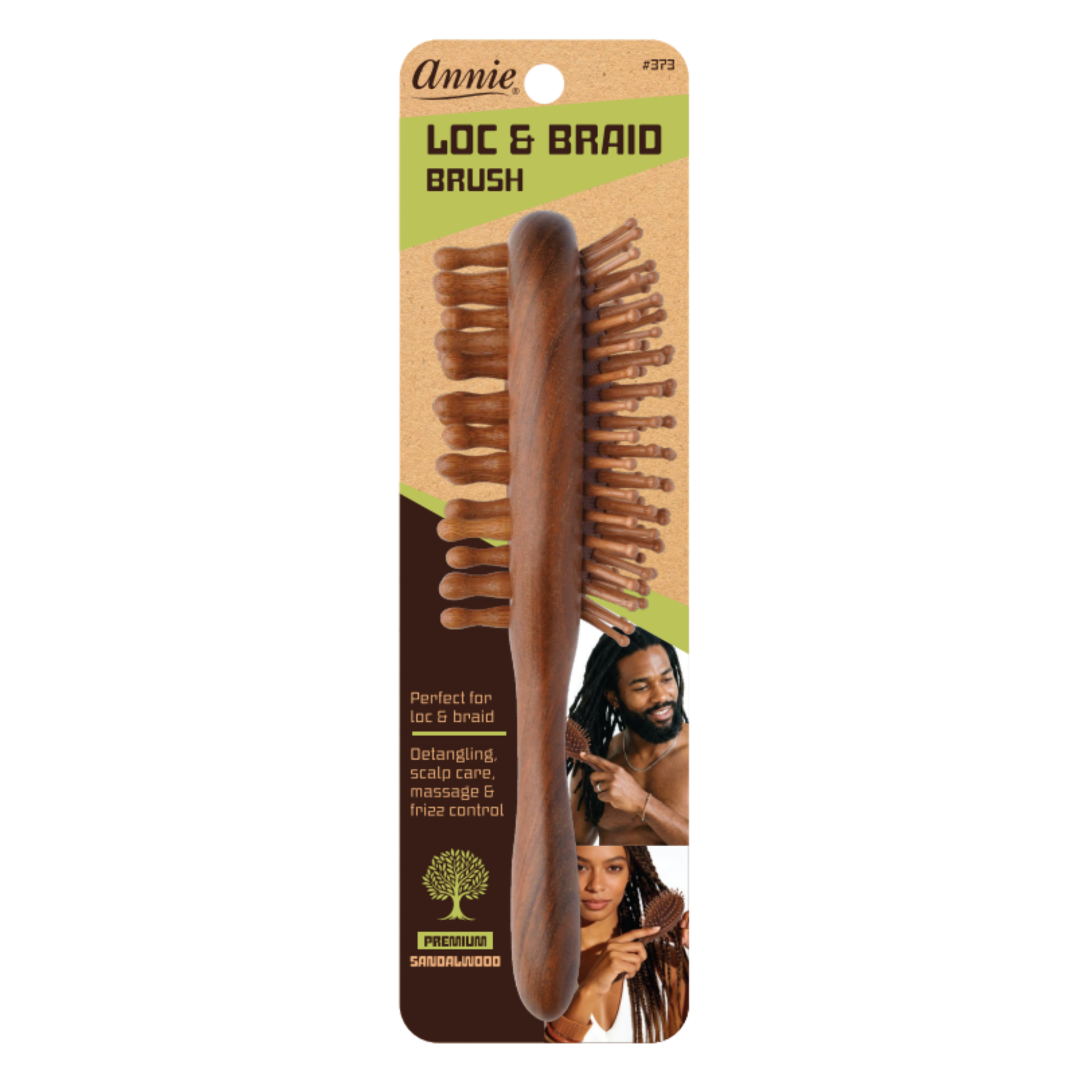 Annie Loc & Braid Brush on a white background. The brush has a brown wooden handle and brown bristles, packaged on a cardboard backing with a green and brown design and photos of people with braids.