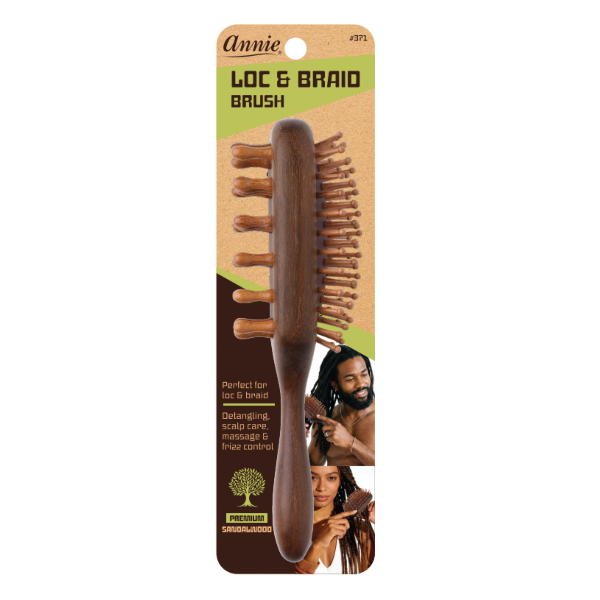Annie professional sandalwood loc and braid brush designed for detangling, scalp care, and frizz control, suitable for textured and multicultural hair.