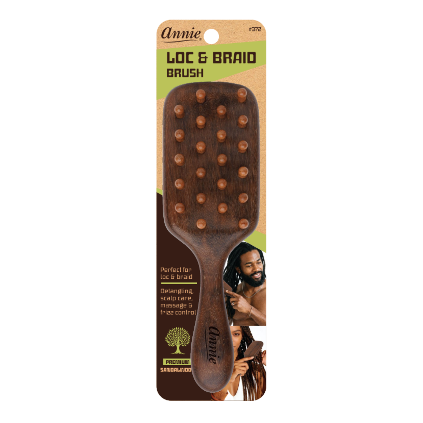 Annie Loc and Braid paddle brush with wooden bristles designed for detangling, scalp care, and frizz control on textured and natural hair.