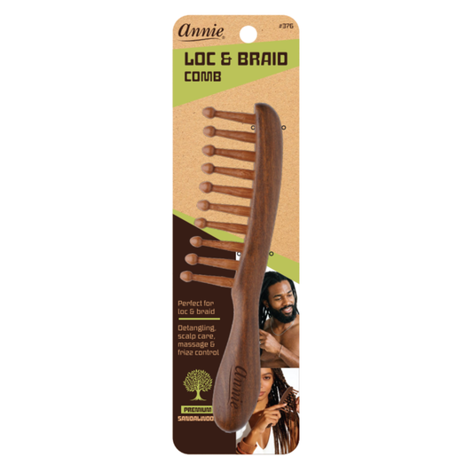 Annie Loc and Braid Comb made from sandalwood with rounded teeth for detangling, scalp care, and frizz control, designed for textured and multicultural hair.
