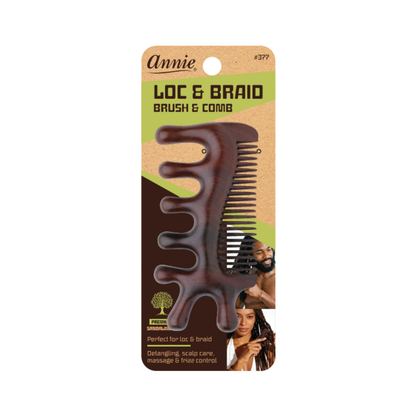 Annie Loc & Braid Brush & Comb in its retail packaging, featuring a dark brown multi-tooth comb with integrated massage fingers on a kraft paper backing card.