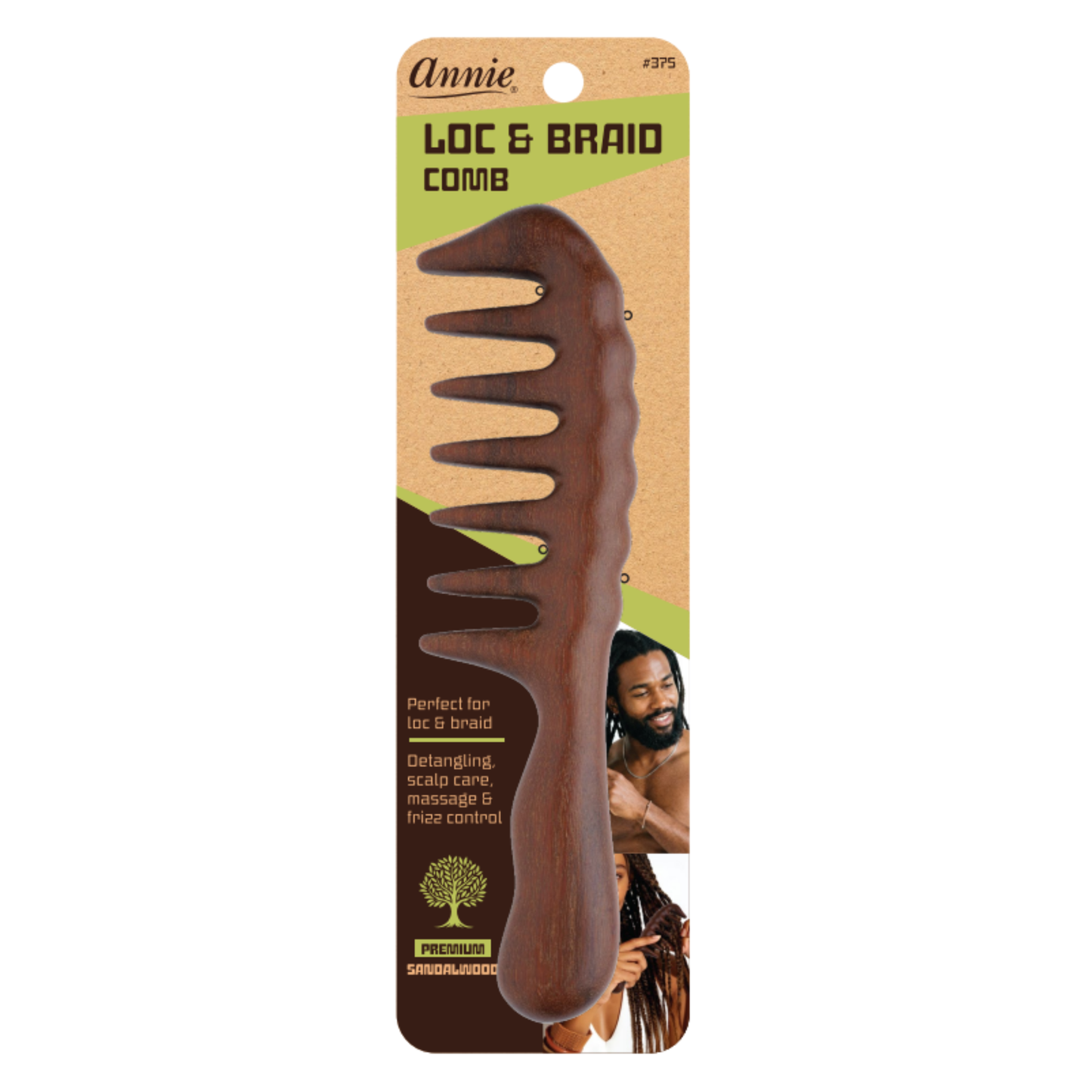 Annie professional sandalwood loc and braid rake comb designed for detangling, scalp care, massage, and frizz control on textured and natural hair.