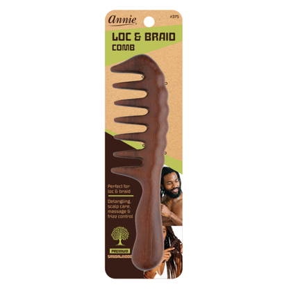 Annie professional sandalwood loc and braid rake comb designed for detangling, scalp care, massage, and frizz control on textured and natural hair.