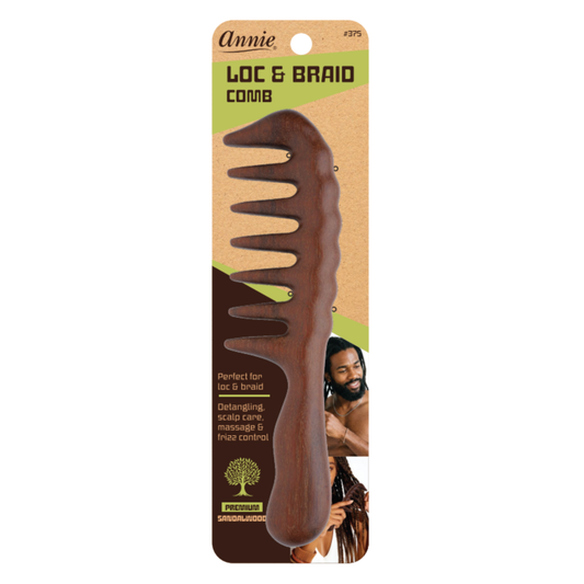 Annie professional sandalwood loc and braid rake comb designed for detangling, scalp care, massage, and frizz control on textured and natural hair.