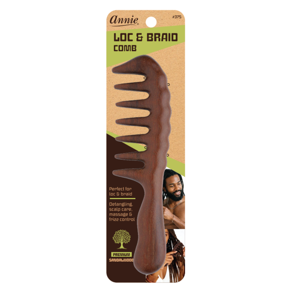 Annie professional sandalwood loc and braid rake comb designed for detangling, scalp care, massage, and frizz control on textured and natural hair.