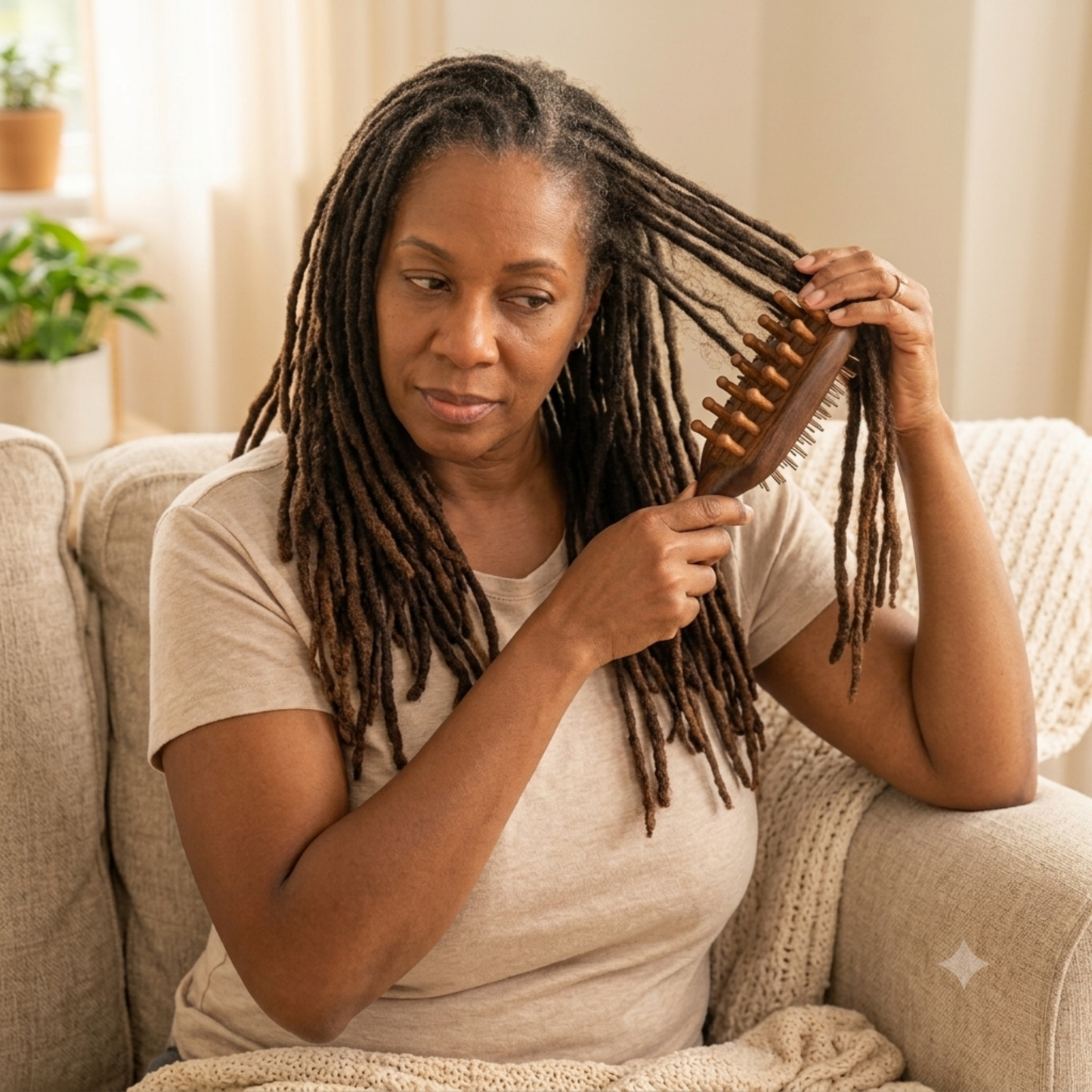 Woman with long locs gently detangling her hair using a sandalwood brush designed for textured and multicultural hair, promoting snag-free styling and care.