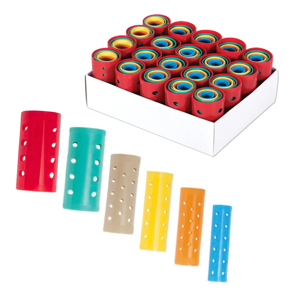 Set of assorted colorful magnetic hair rollers in red, blue, tan, orange, and yellow displayed with white box on white background