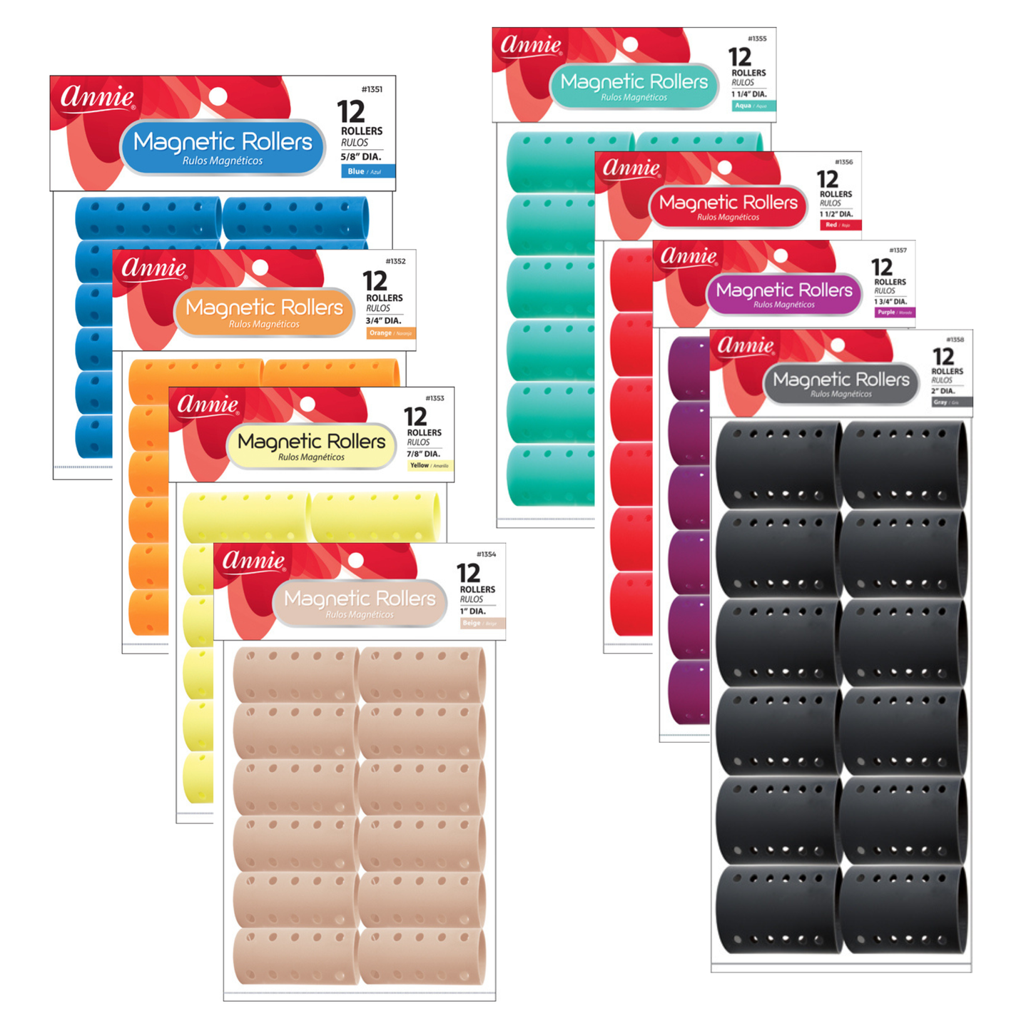 Annie Magnetic Rollers Complete Set, 84 Pieces, Assorted Colors featuring multiple sizes of lightweight magnetic rollers in vibrant hues designed for easy styling and secure curls.