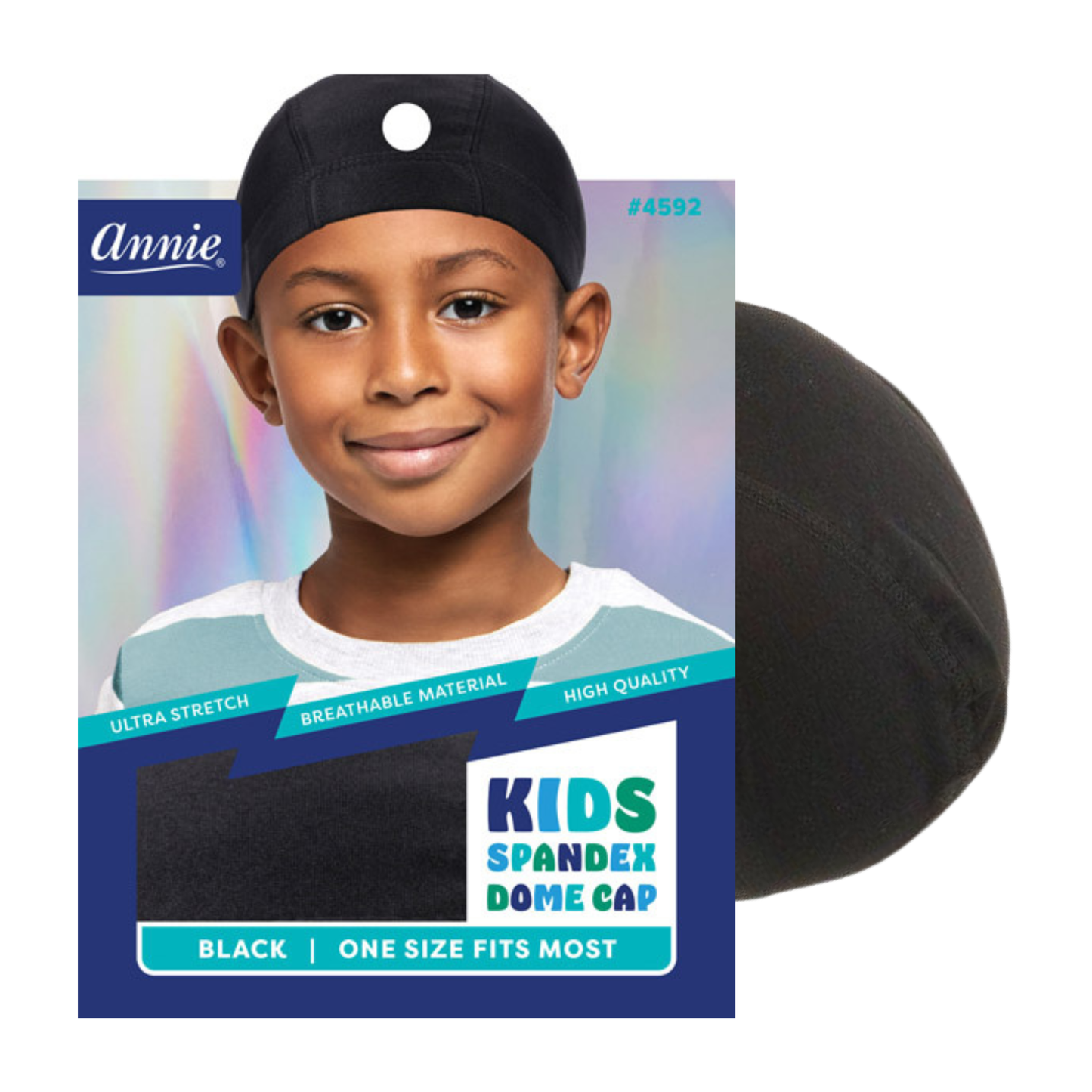 Annie Premium Kid Spandex Dome Cap, 1 Count, Black featuring ultra-stretch breathable fabric designed for comfortable, secure fit for children's hair care and protective styling.