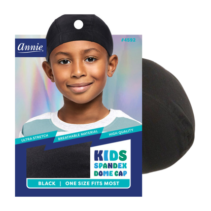 Annie Premium Kid Spandex Dome Cap, 1 Count, Black featuring ultra-stretch breathable fabric designed for comfortable, secure fit for children's hair care and protective styling.