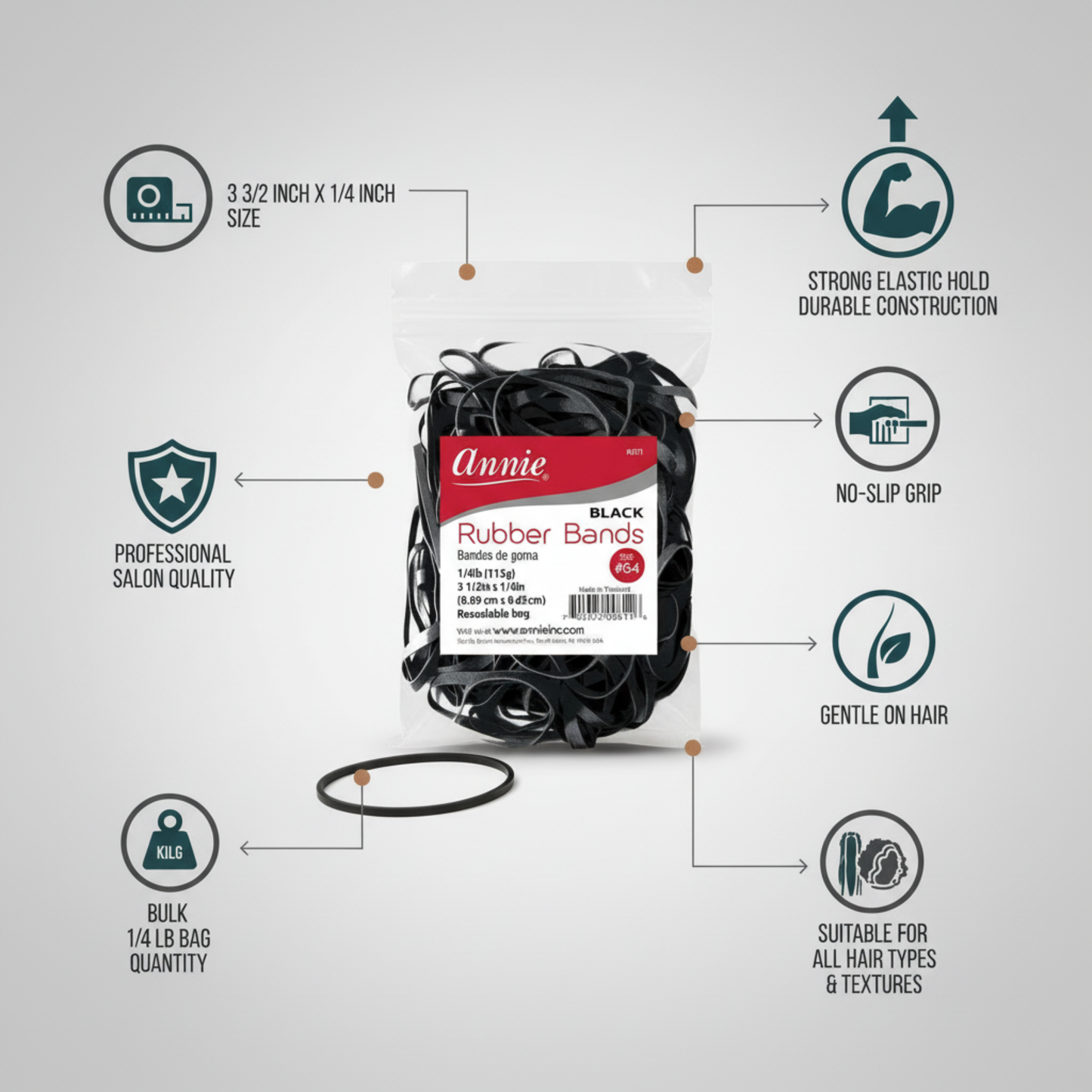 Banda de goma Annie 3 1/2" x 1/4", 1/4 lb negra