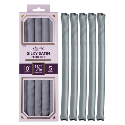 Five grey silky satin flexi rods next to their matching boxed packaging designed for gentle, snag-free curling on textured and multicultural hair.