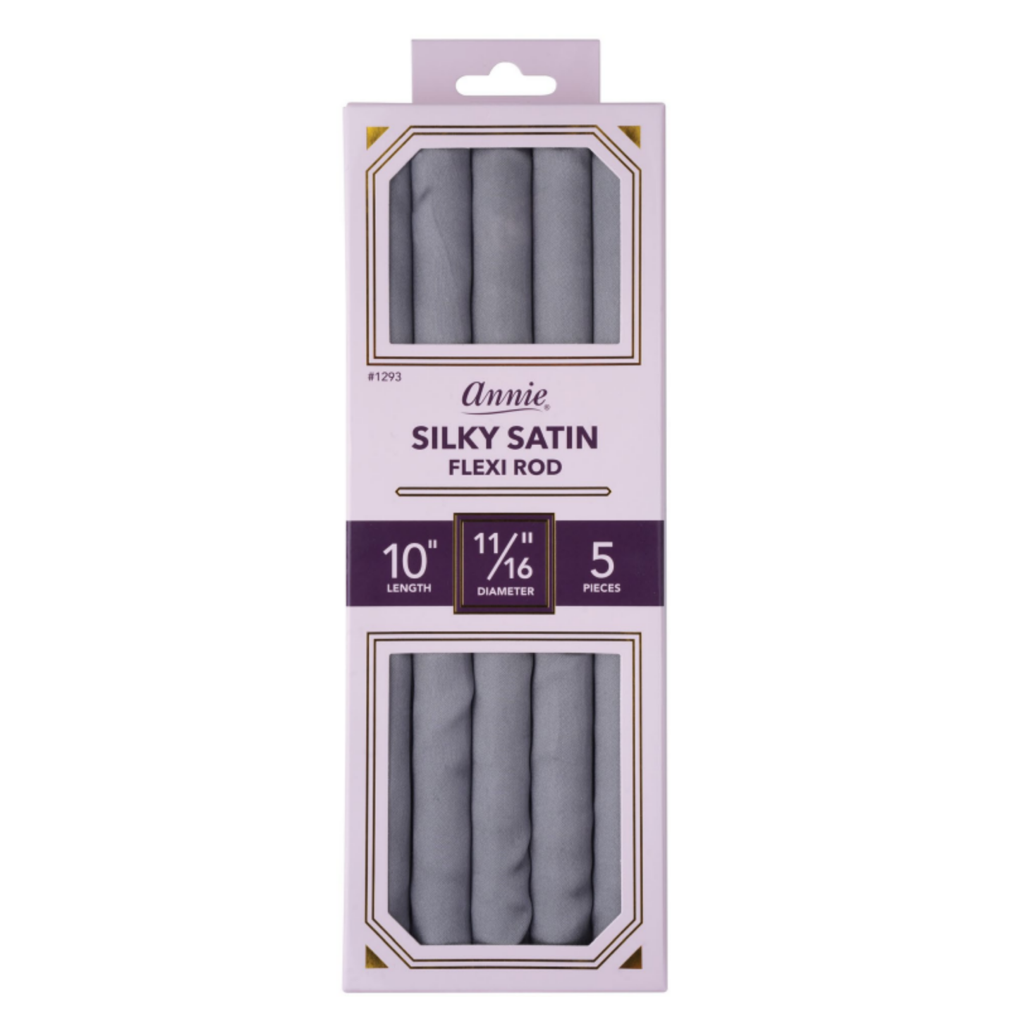 Package of five grey silky satin flexi rods designed for gentle, snag-free styling of textured and natural hair by Annie International.