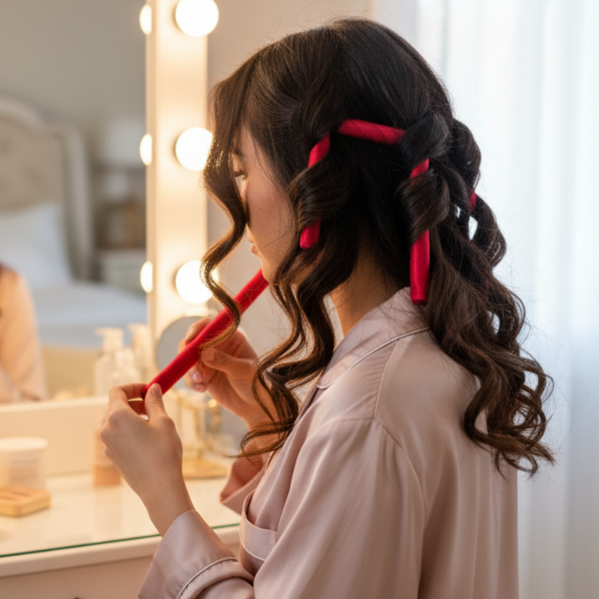 Woman sitting at a vanity mirror styling her dark wavy hair using red satin flexi rods designed for textured and multicultural hair.