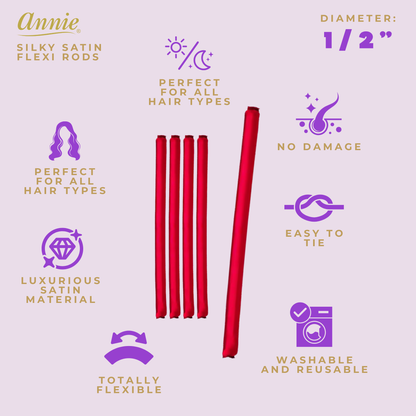 Five red silky satin flexi rods displayed vertically with icons highlighting features like perfect for all hair types, no damage, easy to tie, luxurious satin material, washable and reusable, and totally flexible.