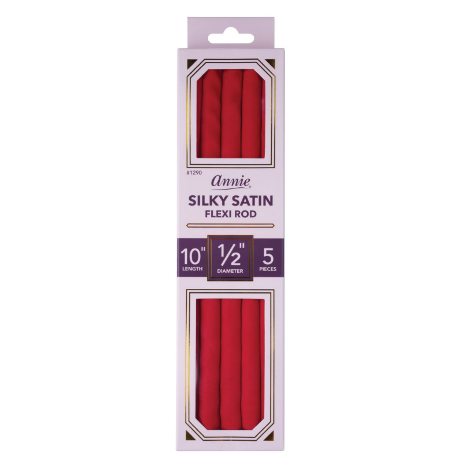 Package of red silky satin flexi rods, designed for creating smooth curls and waves on textured, multicultural hair, featuring five flexible rods with a half-inch diameter.