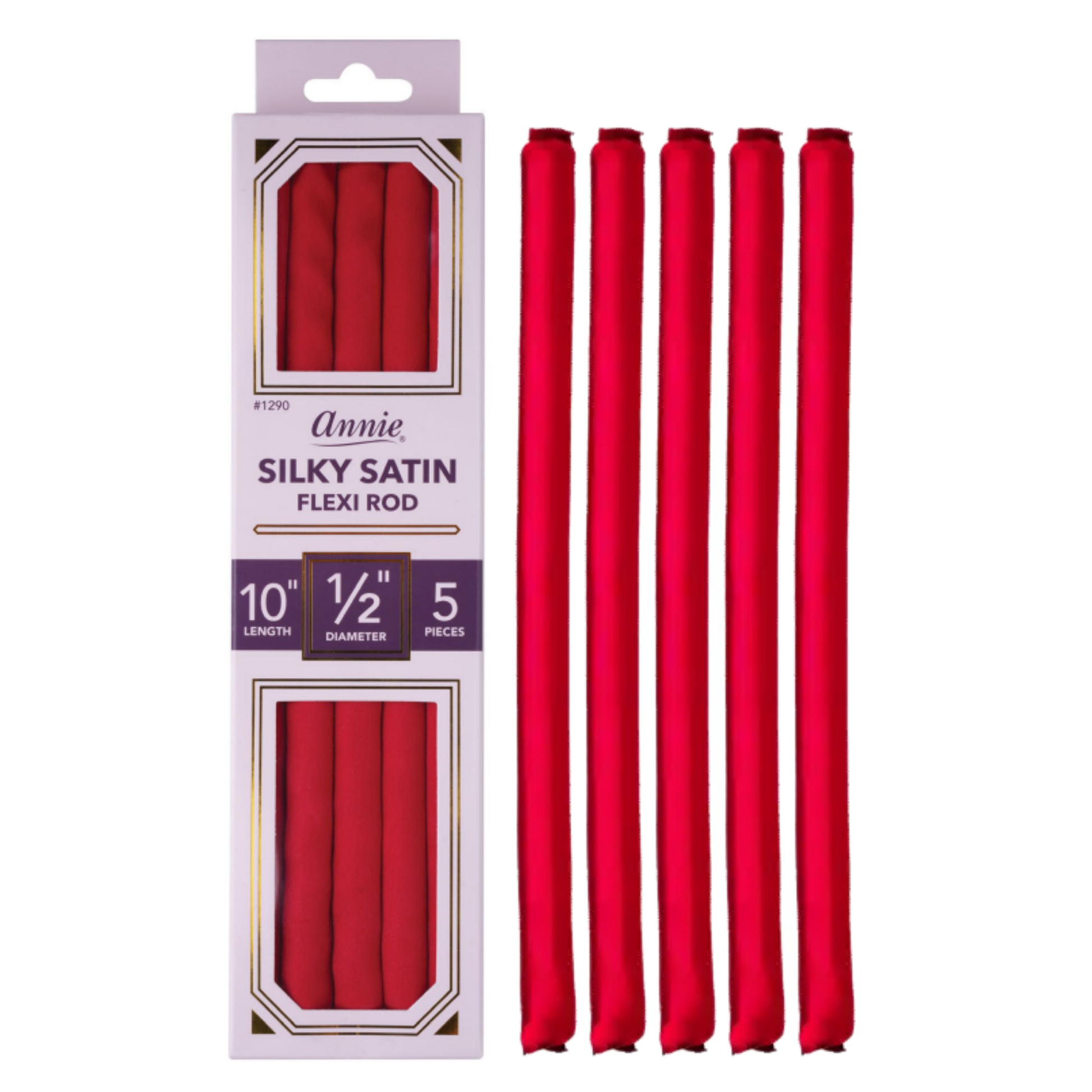 Five red silky satin flexi rods designed for textured and multicultural hair, shown next to packaging highlighting their 10-inch length and half-inch diameter.