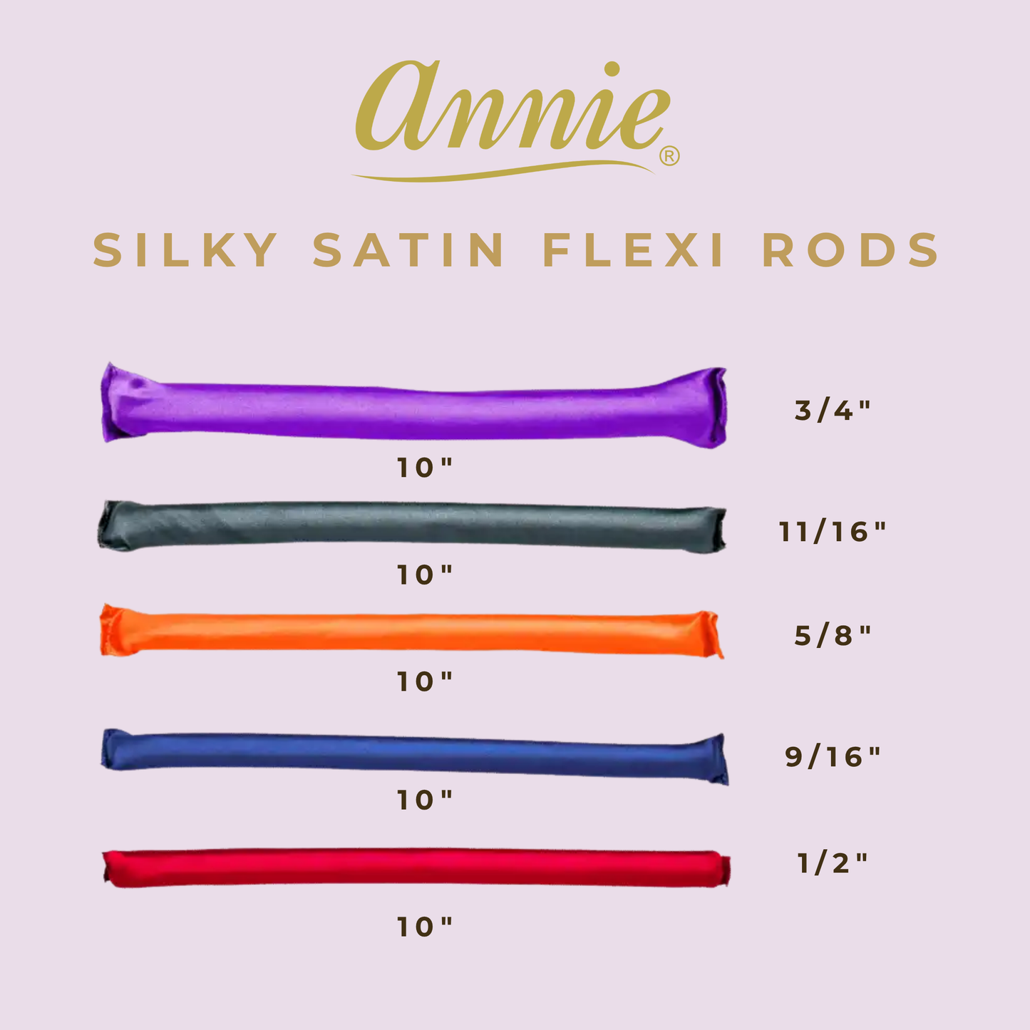 Five colorful silky satin flexi rods in purple, black, orange, blue, and red, each 10 inches long with different diameter sizes for textured hair styling.