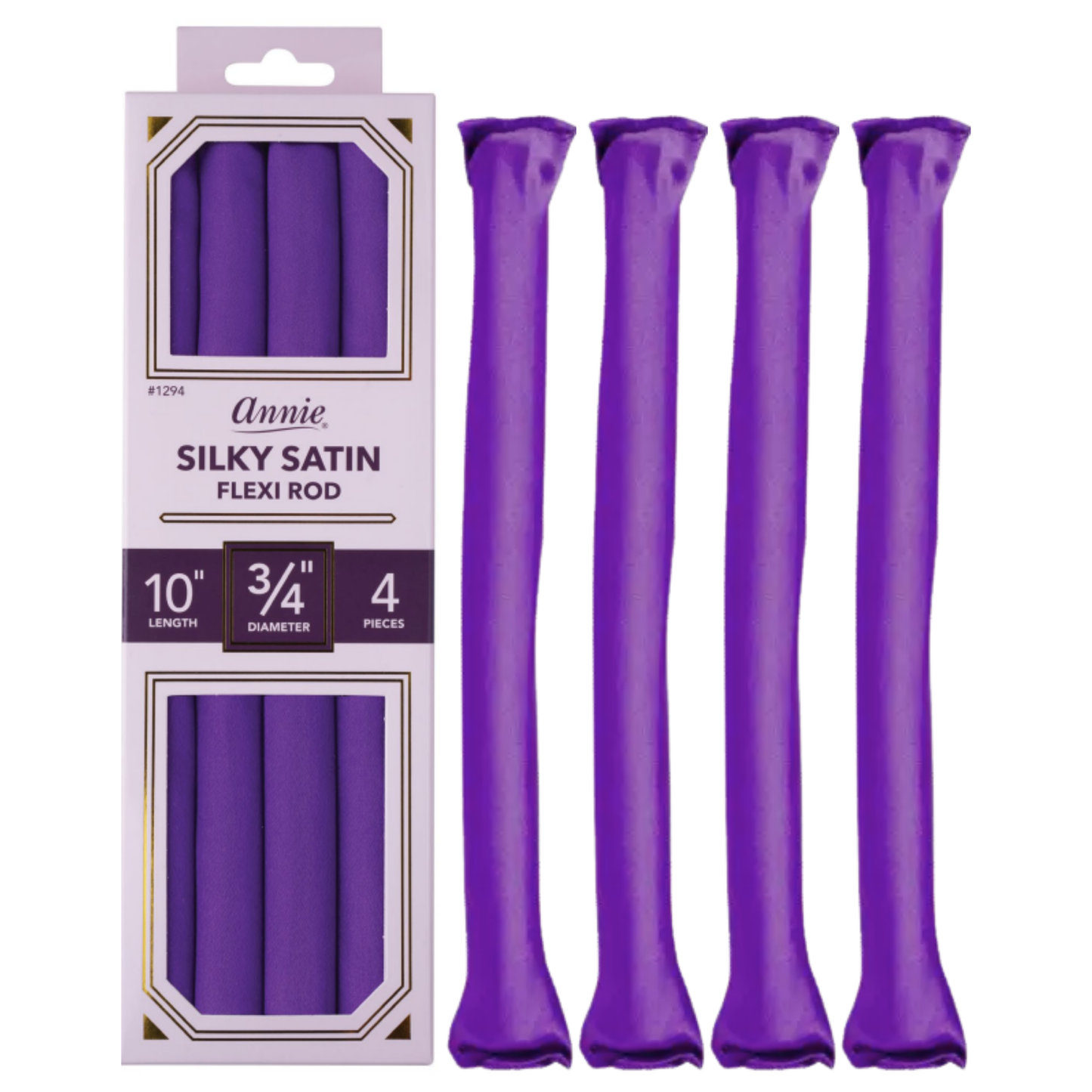 Four purple silky satin flexi rods for hair curling displayed next to their packaging, designed for textured and multicultural hair styling.