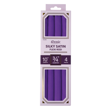 Pack of four purple silky satin flexi rods designed for textured and multicultural hair, providing snag-free curling and styling with professional quality and gentle hold.