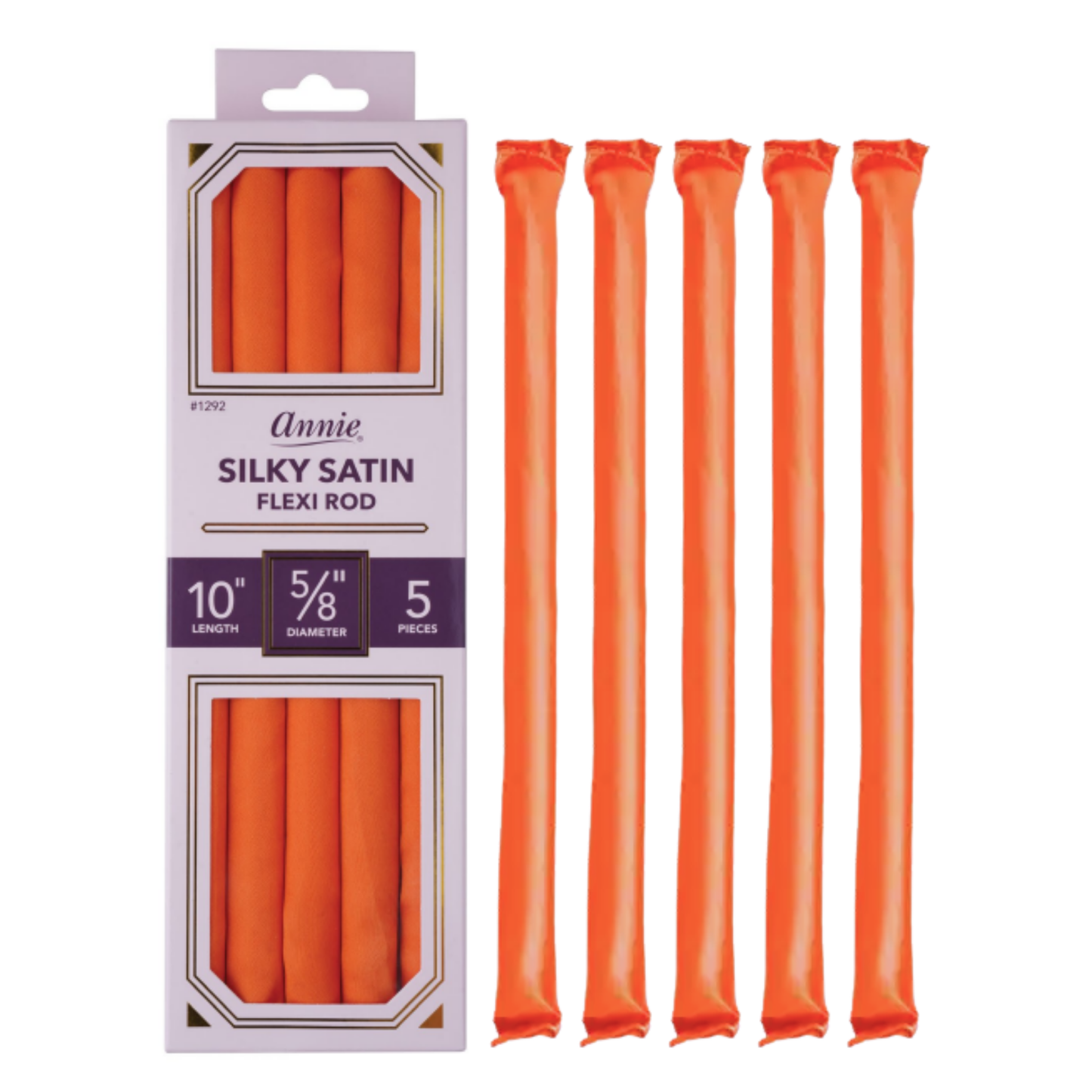 Five bright orange silky satin flexi rods next to their boxed packaging designed for textured and multicultural hair styling.