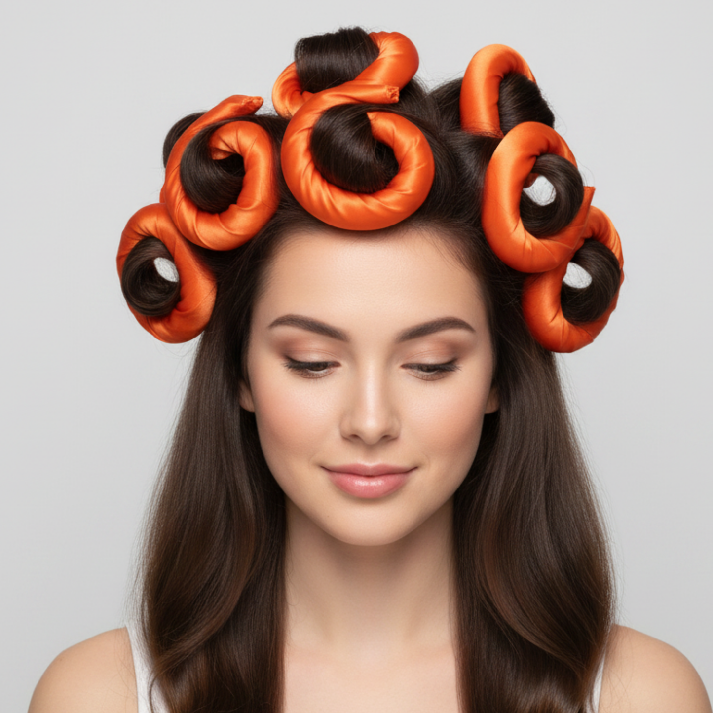 Woman with long brown hair styled in large, smooth curls using bright orange satin-covered flexi rods designed for gentle, snag-free curling of textured hair.
