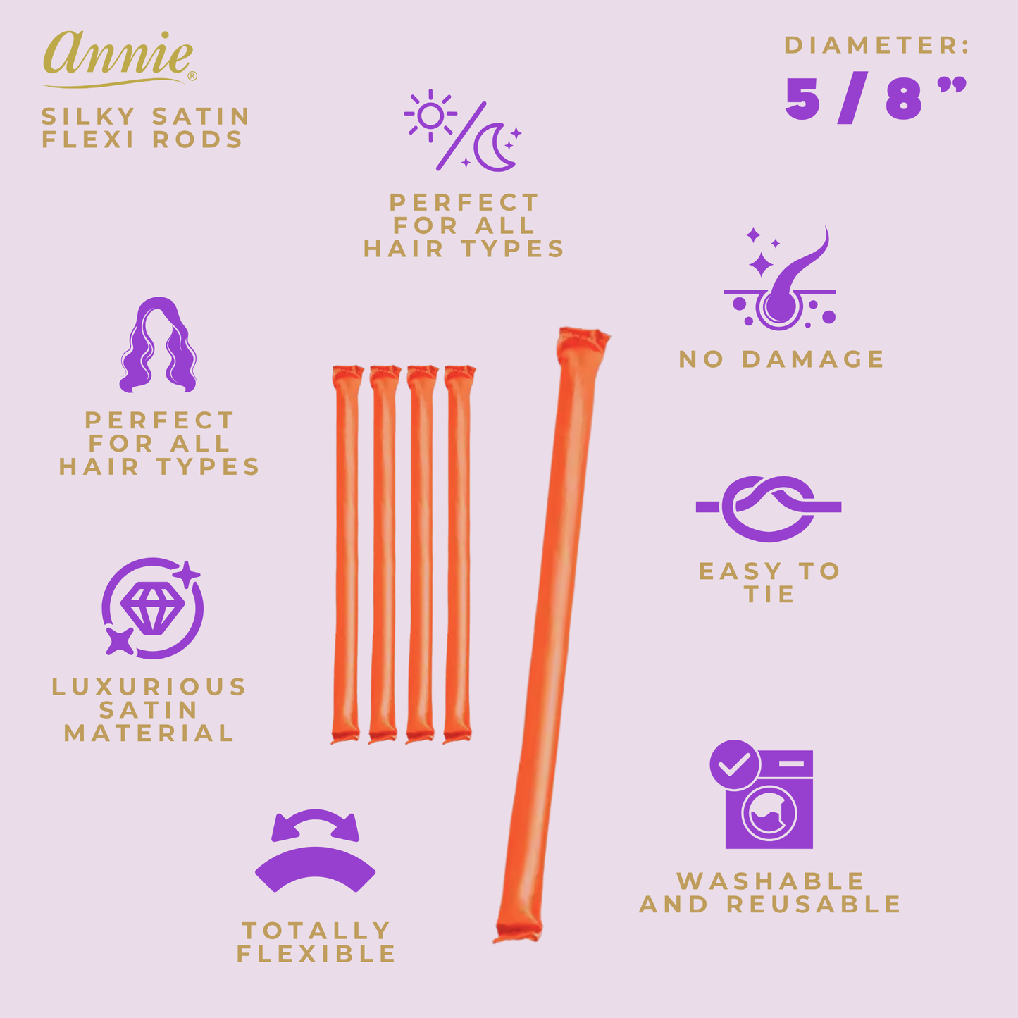 Orange silky satin flexi rods designed for textured and multicultural hair, featuring a 5/8 inch diameter, easy to tie, flexible, washable, and made to prevent damage.