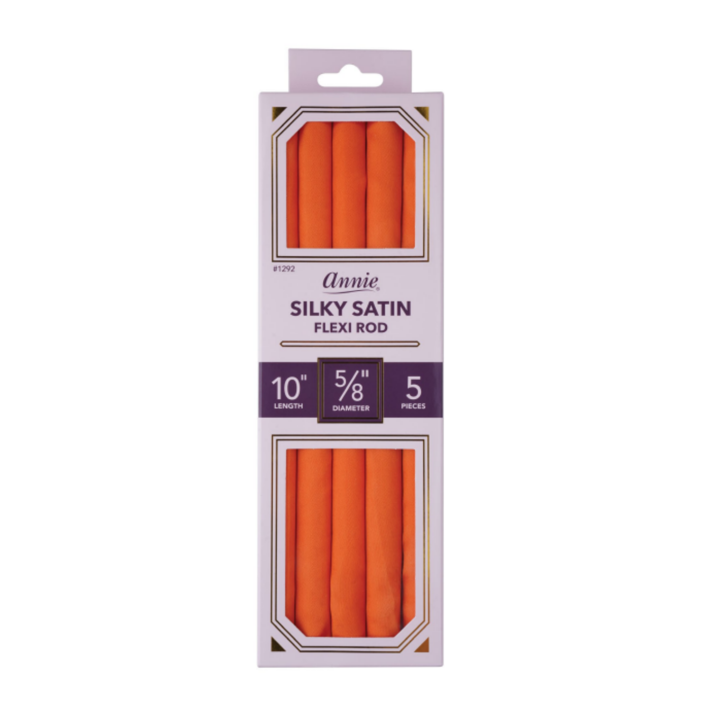 Package of five orange silky satin flexi rods designed for textured hair styling, featuring smooth, snag-free material for gentle curling and wave setting.