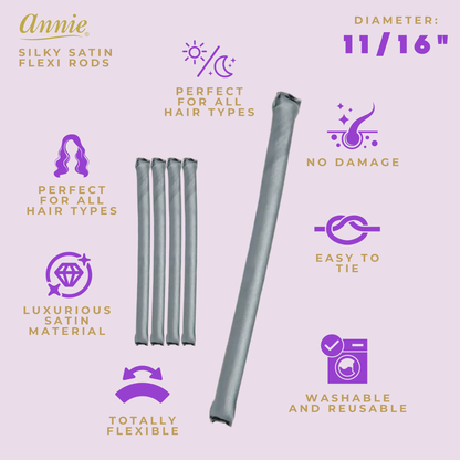 Grey silky satin flexi rods with icons highlighting features like no hair damage, easy to tie, washable, reusable, totally flexible, and suitable for all hair types.