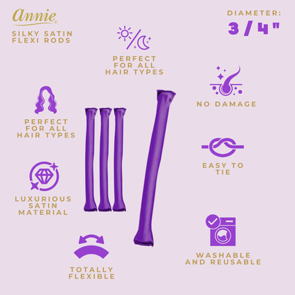 Purple satin-covered flexi rods displayed with icons highlighting features such as suitability for all hair types, no damage, easy to tie, washable, reusable, luxurious satin material, and flexible design.