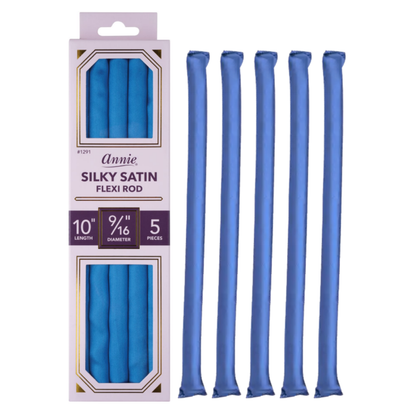 Blue silky satin flexi rods designed for textured and multicultural hair, providing gentle, snag-free curling with a flexible, comfortable grip.