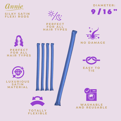 Blue silky satin flexi rods designed for textured hair, featuring a 9/16 inch diameter, flexible, easy to tie, reusable, and gentle on hair with no damage.