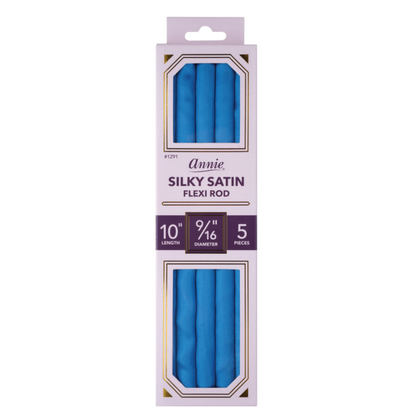 Package of five blue silky satin flexi rods designed for textured, multicultural hair styling with a smooth, snag-free finish.