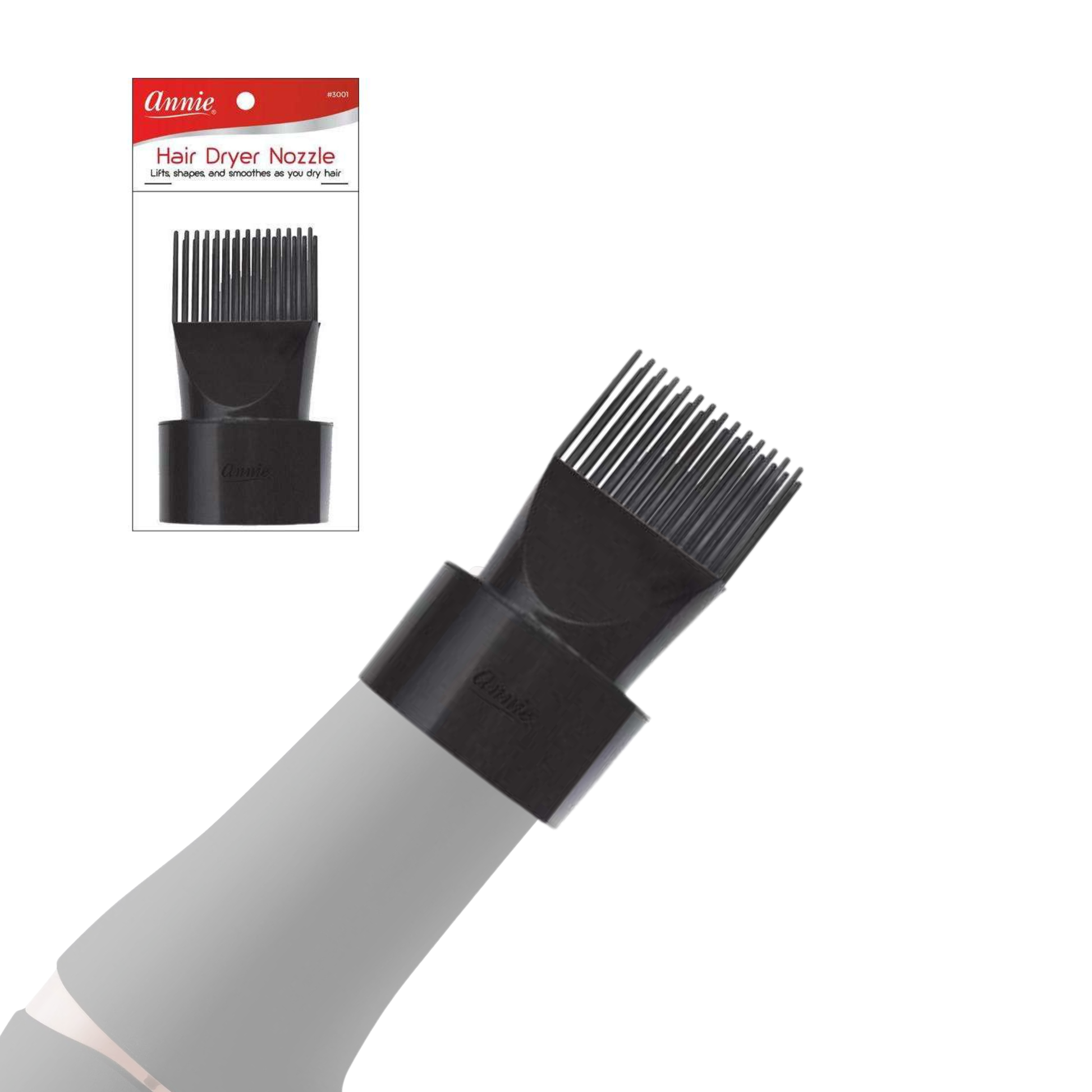 Annie Snap On Hair Dryer Pik, 1 Count, Black designed to lift, shape, and smooth hair while attached to a hair dryer for professional styling and textured hair enhancement.