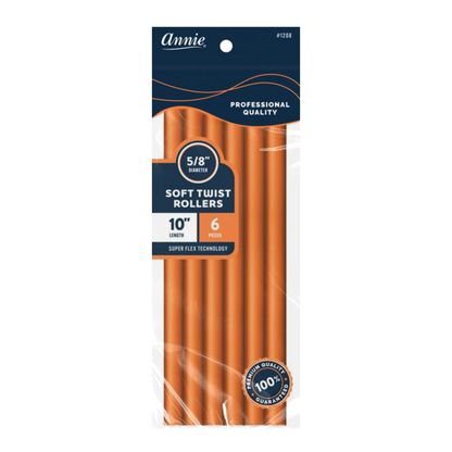 Set of six extra-long orange soft twist rollers, 5/8 inch diameter and 10 inches long, featuring flexible, gentle styling technology for textured and natural hair types.